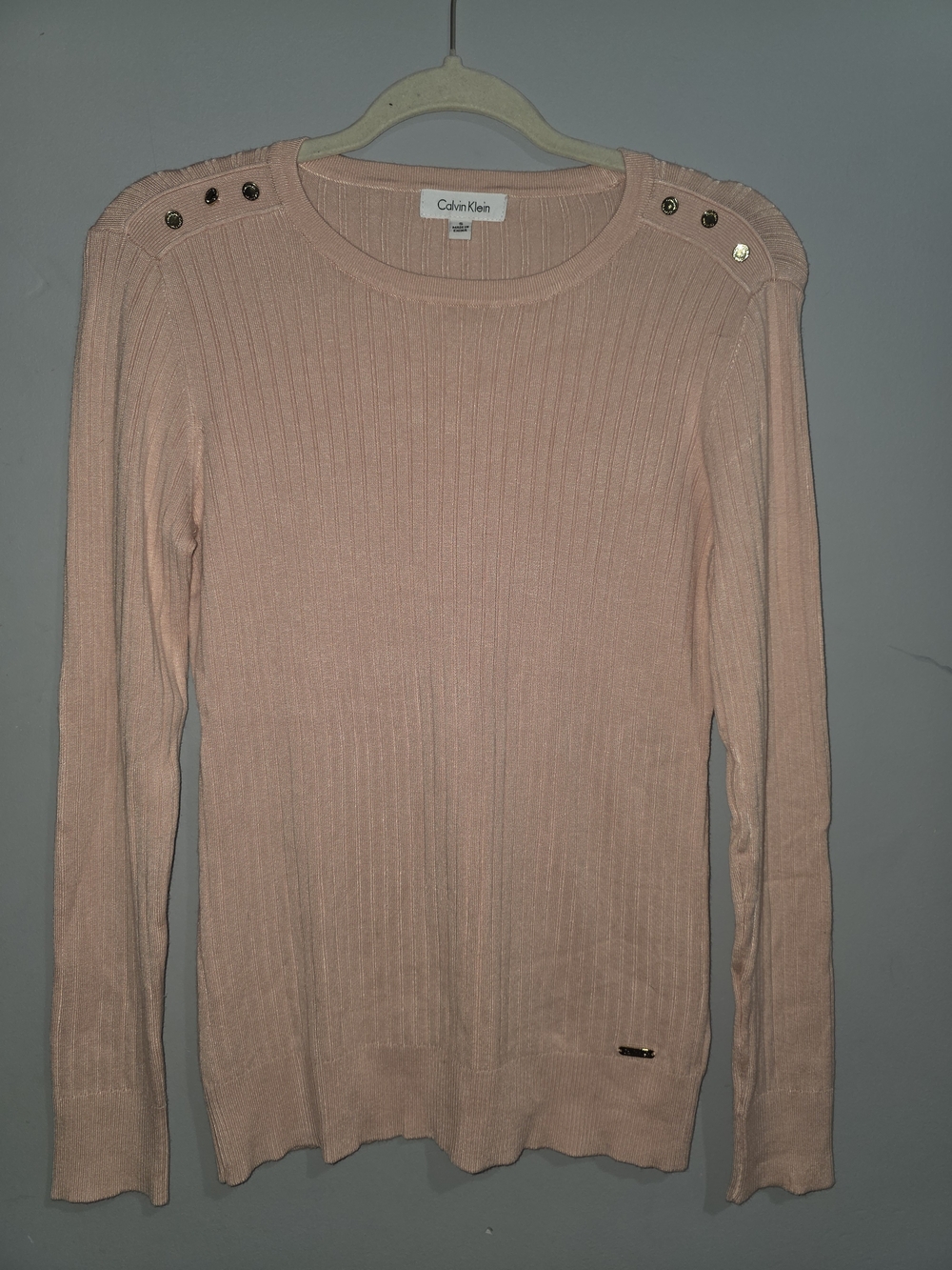 Calvin Klein Women's Blush Ribbed Crewneck Sweater with Shoulder Buttons